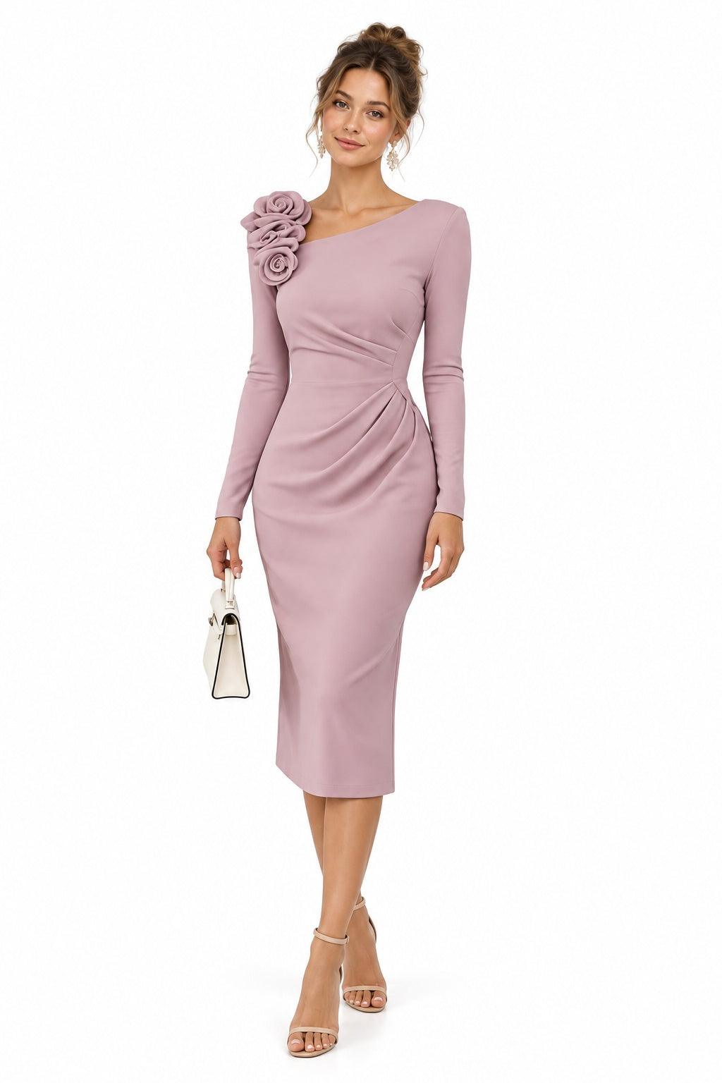 Sheath-Column Tea Length Elastic Cloth Wedding Guest Dress CG0392 - Dusty Rose - COCOMELODY